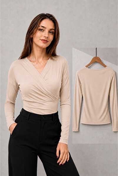 peri tower Women's Beige Double-Breasted V-Neck Sandy Long Sleeve Stylish Blo...