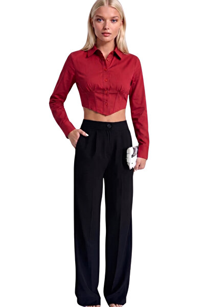 Asfaha Fashion Kadın Gömlek Yaka Düğmeli Crop Gömlek