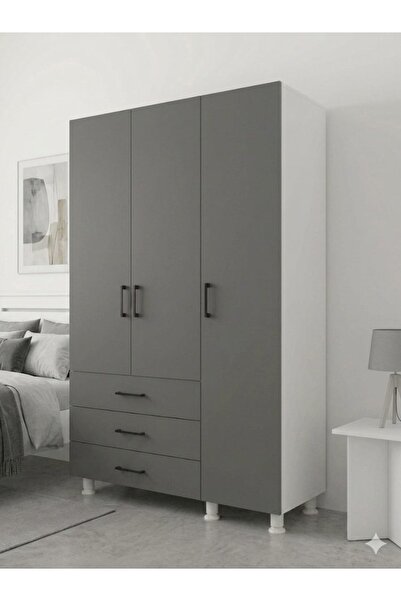 artı dizayn mobilya 105x45 3 ÇEKMECELİ 3 KAPAKLI RAFLI GARDIROP BEYAZ- ANTRAS...
