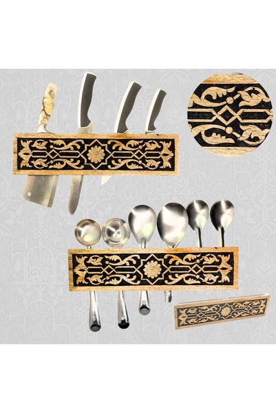 Souq DESIGNS Wall Mount Knife Organizer – Wooden Knife Holder for Kitchen, Handcrafted Non Magnetic Knife Holder Wood with Hooks, Space-Saving Kitchen Utensil Holder Bamboo Knife strip 1 pcs Black