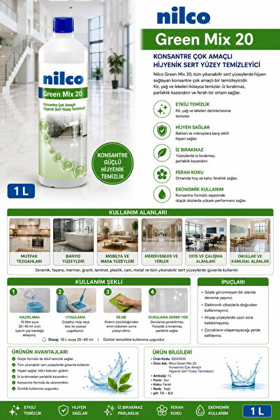 nilco 32001035 Green Mix 20 Konsantre Çok Amaçlı Hijyenik Sert Yüzey Temizley...
