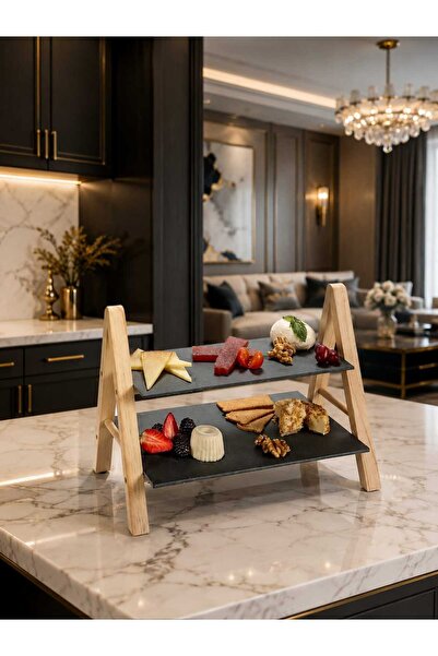 kinvara 2-tier serving platter - Slate and pine wood stand for appetizers, ca...