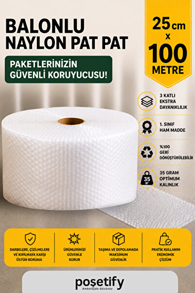 POŞETİFY 25 cm x 100 m Balonlu Naylon Patpat | 1. sınıf | 3 Katlı | 25 m2 | 3...