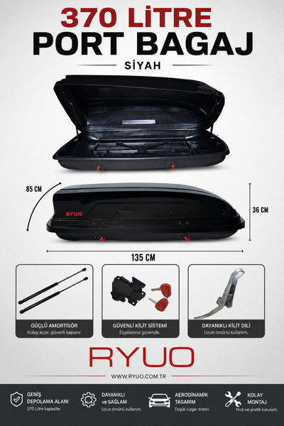 RYUO ARAÇ ÜSTÜ TABUT PORT BAGAJ 370 LİTRE SİYAH