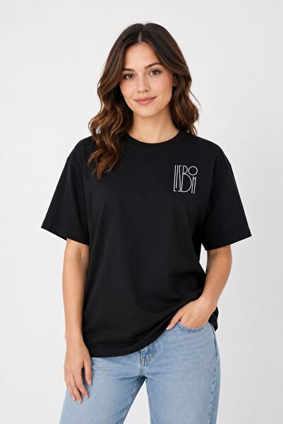 Kadın Oversize %100 Pamuk Tişört Rahat Kalıp Baskılı Siyah T-Shirt
