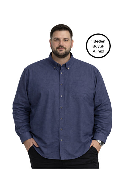 BattalModa Erkek Büyük Beden Koyu Lacivert Uzun Kollu Gömlek 3XL-4XL-5XL-6XL