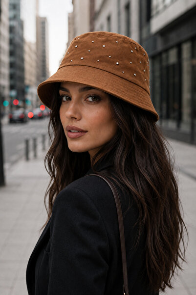 Saria Moda Pălărie de damă Mustard Bucket cu pietre peste ea