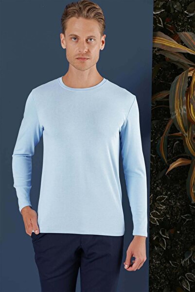Efor Slim Fit Esnek Pamuklu Uzun Kollu Mavi Tişört Ts 870