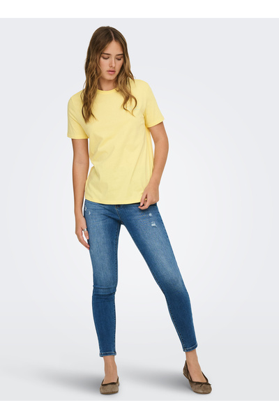 ONLY O Yaka Desenli Sarı Kadın T-Shirt ONLMIRA S/S EMB T-SHIRT SUD JRS