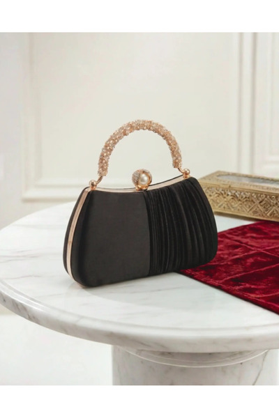 Famels Black Satin Pearl Lock Stone Handle Evening Dress Bag Handbag/Clutch B...