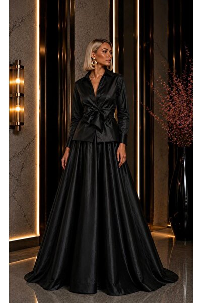 SERAVENZA COUTURE Uzun Kollu Seyyar Kuşaklı Kruvaze Gömlek &Maxi Boy Etek Alt...