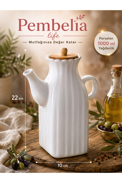 Kitchen Pembelia Bambu Kapaklı Beyaz Porselen Yağdanlık 1000 ml Kare Papatya ...