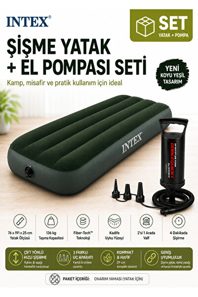 Intex 64106 Yeni Koyu Yeşil Tek Kişilik Şişme Yatak + Double Quick El Pompası...