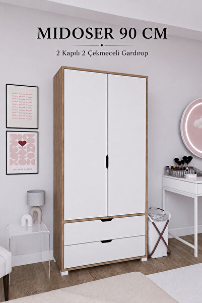 midoser 90 Cm Açık Ceviz-beyaz 2 Kapılı 2 Çekmeceli Elbise Dolabı - Gardırop