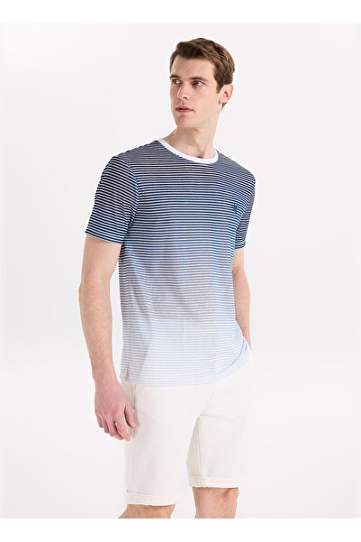 Fabrika Lacivert Erkek Bisiklet Yaka Relaxed Fit Çizgili T-Shirt F6SM-TST 2070