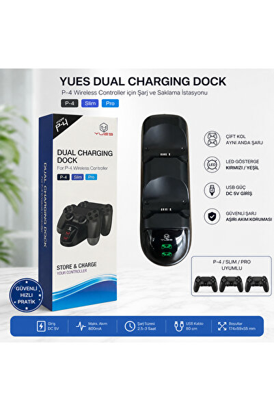 YUES Ps4 Şarj Istasyonu Playstation 4 Uyumlu Şarj Standı Hızlı Şarj Göstergeli