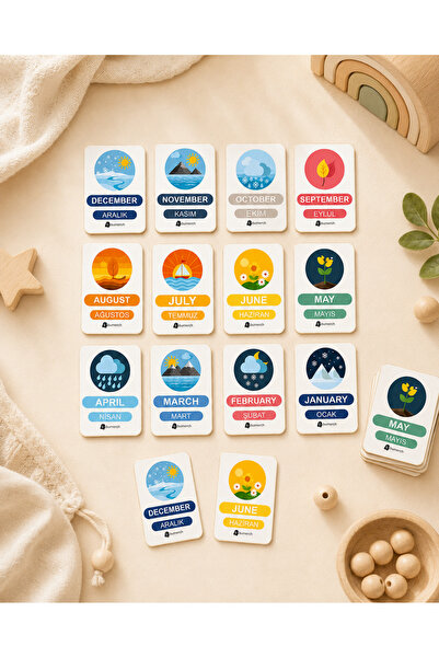 karbonsoft Ahşap İngilizce Türkçe Mevsim Kartları-Ingilizce Eğitim Seti Ingilizce Öğrenme Kartları Montessori