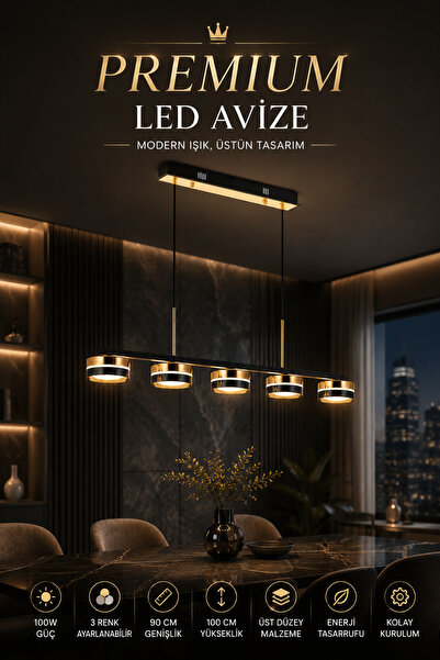 Elvora Home Modern (PREMİUM) LED Avize 3 Renk Gold Siyah Sarkıt Salon Yemek M...