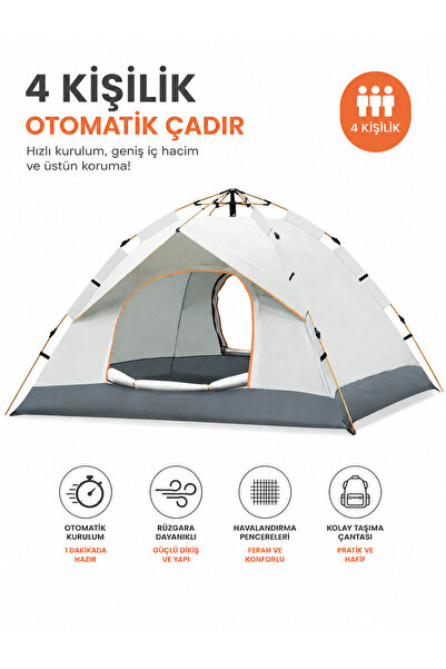 Realx 4 Kişilik Tam Otomatik Kurulum Dayanaklı Gölgelikli Kamp Çadırı 2 Kapıl...