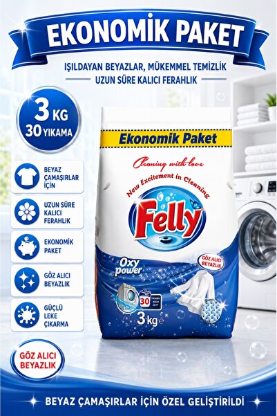 FELLY 3kg Toz Deterjan – Beyazlar İçin Yoğun Temizlik ve Işıltılı Parlaklık