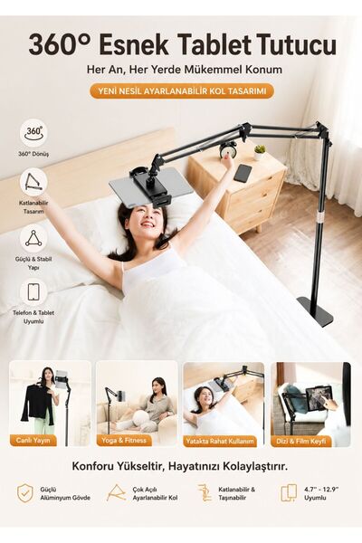 Asfal Metal Ayaklı Flexible Tablet ve Telefon Tutucu Stand Katlanabilir 155 cm Metal Tablet Standı Tripod