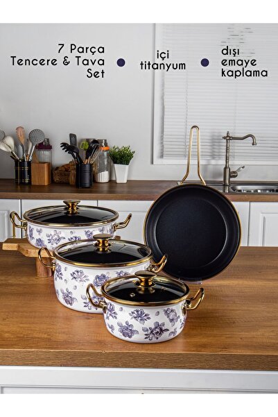 Bonera Set de oale emailate LİLİUM, 7 piese, cu model trandafir albastru, crem.