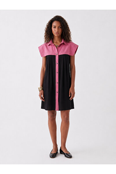 Bold & Young Women's Black Pink Garnished Shirt Collar Buttoned Dress