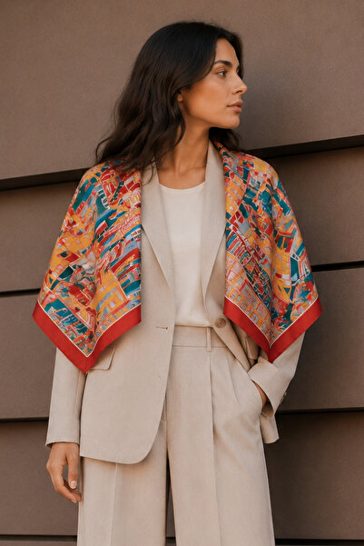 AFVENTE Modern City Pattern Pink-Orange Soft Scarf 90X90 cm