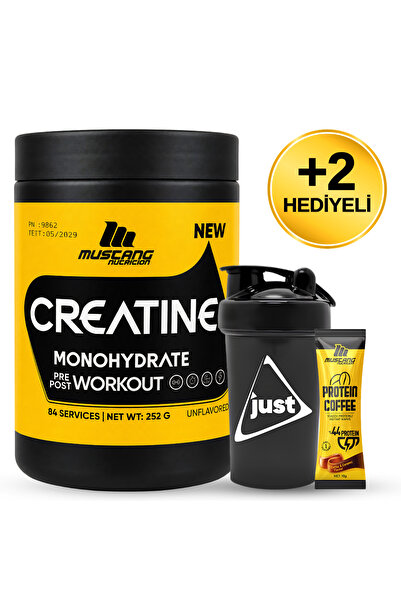 Mustang Nutrition كرياتين مونوهيدرات 252 جرام 84 حصة + شيكر + قهوة بروتين هدية