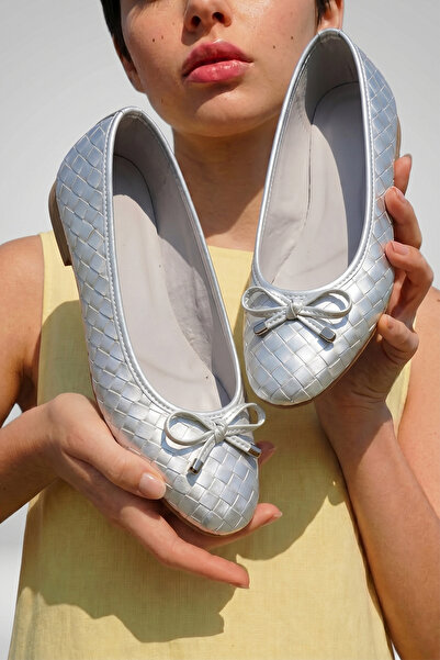 PAYZİN Silver Knit Ballet Flats Round Toe with Closed Mustache Bow Orthopedic...