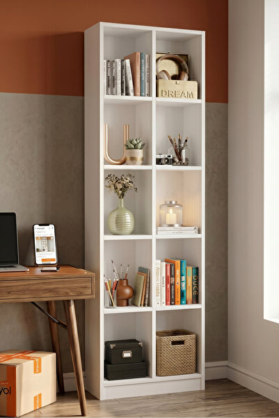 Yurudesign Liora Geniş Kitaplık 10 Raflı 180cm Beyaz LI1-W