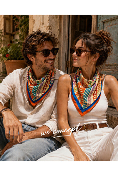 Modabutik Kadın Zigzag Desenli Bandana 50x50 Sarı Turuncu DG0491-22 Snz