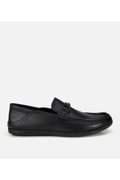 Hotiç Men's Leather Black Soft Textured Buckle Casual Loafer