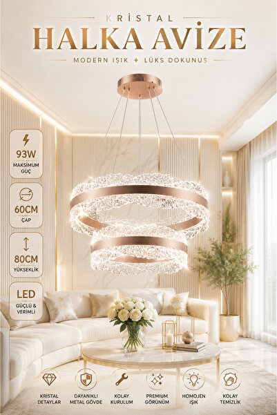 Elvora Home Modern (PREMİUM) Kristal LED Avize Gold Detaylı Sarkıt Salon Aviz...