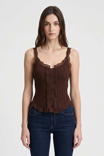 Mixray 2051 Women's Lace Detailed Blouse Brown