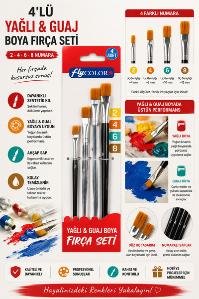 FLY COLOR Yağlı Ve Guaj Boya Fırçası 4'lü Sanatsal Fırça Seti (2,4,6,8 Numara...