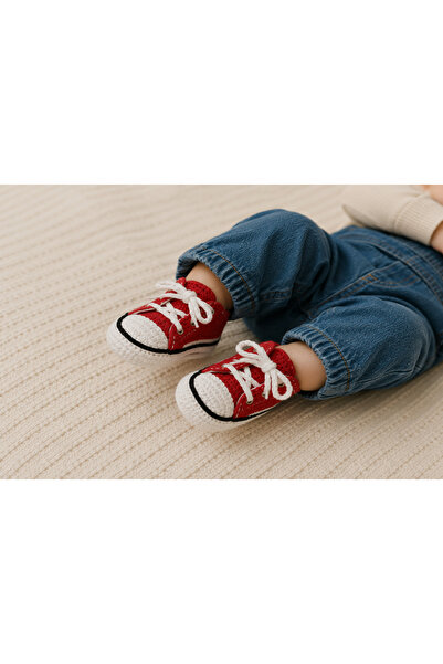 GÜZEL KAMAN EL ÖRGÜSÜ BEBEK PATİGİ 1 ADET kırmızı beyaz siyah ( 6 AYLK VE 2 Y...