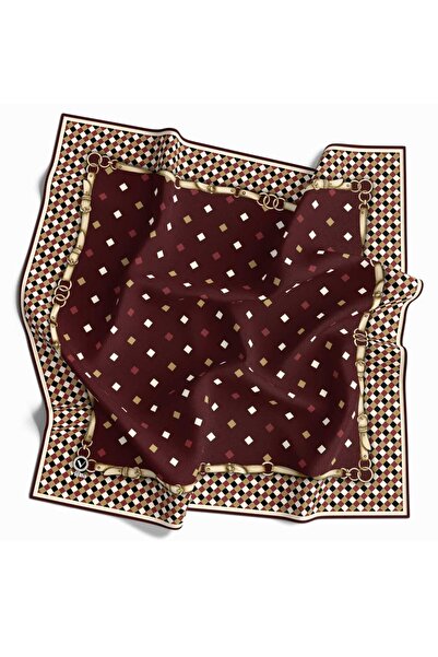 VİOLLA Kristal Kareli Kemer Desenli Bordo Renkli 90x90 Eşarp (İpek İçermez) D...