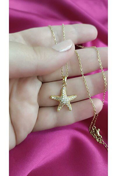 shop 316L Çelik Kararma Yapmaz Gold Renk Zirkon Taşlı Deniz Yıldızı Kolye