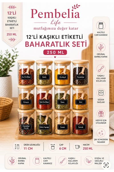Kitchen Pembelia 12'li Etiketli Kaşıklı 250 Ml Bambu Kapaklı Cam Baharatlık B...