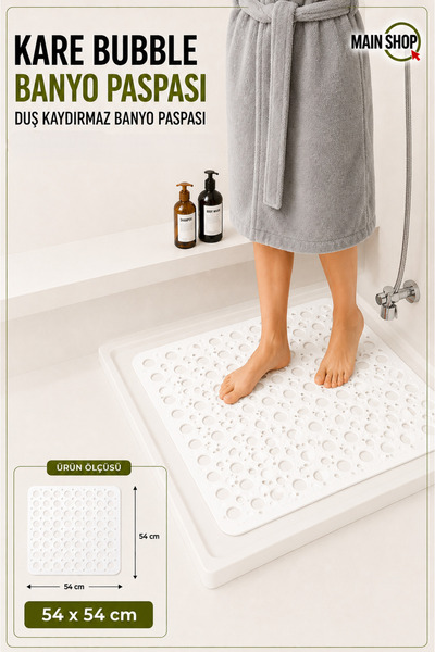 isgstore Main Shop Kare Bubble Banyo ve Duş Paspası - 54 x 54 cm Beyaz Kaymaz...