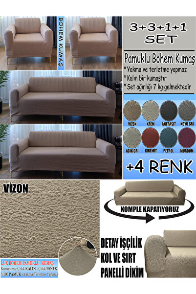 İLYEVTEKSTİLİ BOHEM PAMUKLU KUMAŞ KOLTUK KILIFI SETİ - 3+3+1+1 SET 7 KG GELME...