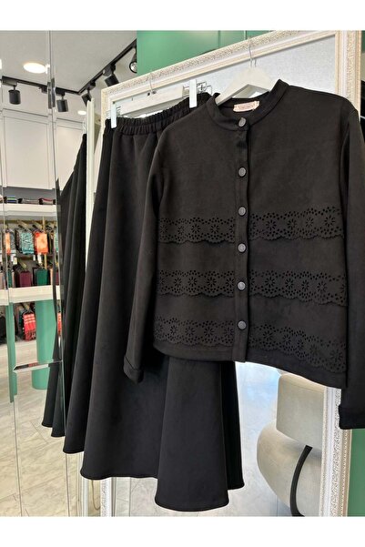 Modario Shoulder Pad Tex Suede Skirt Suit Laser Cut - Black - 46