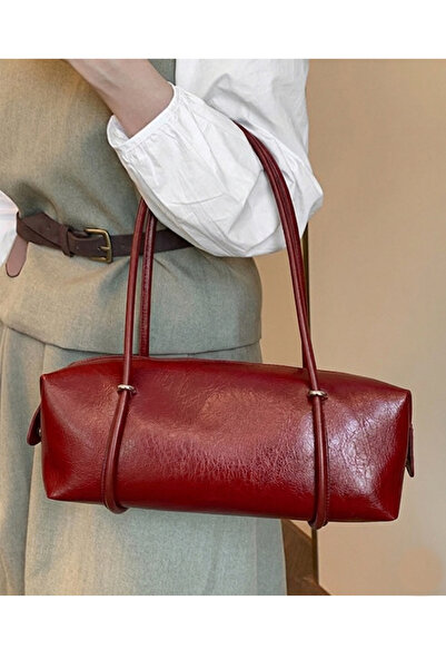meybag Kadın Bordo Çift Fermuarlı Mıknatıs Detaylı Geniş Baget Omuz Çantası