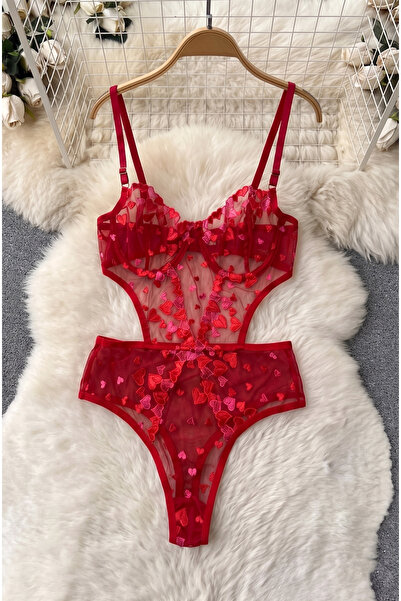 FNC design Kadın Kırmızı Kalp Nakışlı Balenli Tül Brode Bodysuit