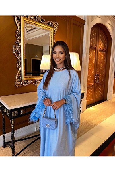 İambabydesign mavi kolu tüylü parlak fileli abaya elbise