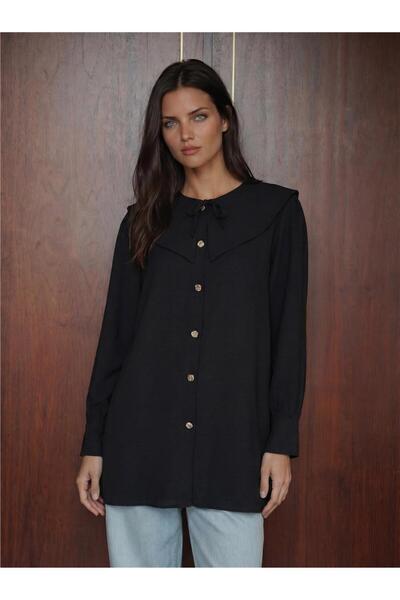 WeShaya Black Viscose Nylon Blend Baby Collar Long Sleeve Buttoned Long Tunic