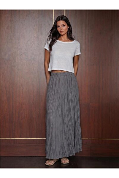 WeShaya Anthracite Polyester Wrinkled Textured Elastic Waist Loose Cut Long S...