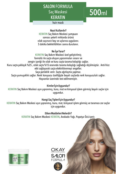OKAYPROFESSIONNEL SALON FORMULA Yıpranmış Saçlar İçin 2'li KERATIN Saç Maskesi (500ml x 2 adet)