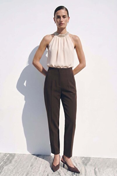 Sateen High Waist Pencil Pants - Brown